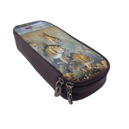 Federmäppchen aus Leder, großes Fassungsvermögen, Fischermotiv, Doppelreißverschluss, Flip-Top-Stiftetui von POKIKKJH
