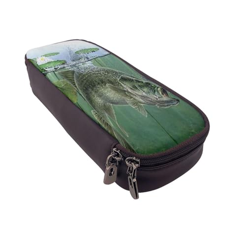 Federmäppchen aus Leder, großes Fassungsvermögen, Fischmotiv, mit Köderdruck, Doppelreißverschluss, Flip-Top-Stiftetui von POKIKKJH