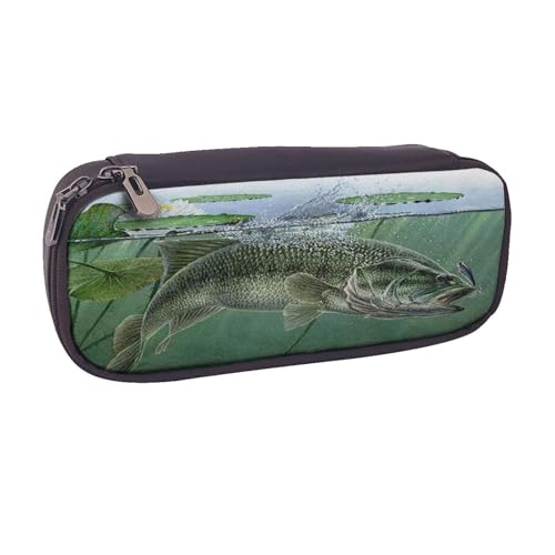 Federmäppchen aus Leder, großes Fassungsvermögen, Fischmotiv, mit Köderdruck, Doppelreißverschluss, Flip-Top-Stiftetui von POKIKKJH