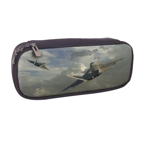 Federmäppchen aus Leder, großes Fassungsvermögen, Flugzeug, Doppelreißverschluss, Flip-Top-Stiftetui von POKIKKJH