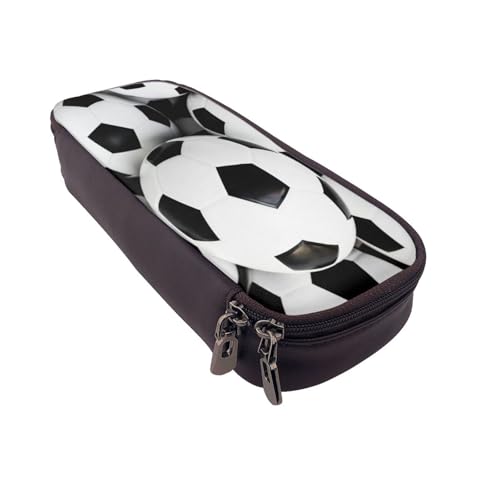 Federmäppchen aus Leder, großes Fassungsvermögen, Fußball-Druck, Doppelreißverschluss, Flip-Top-Stiftetui von POKIKKJH