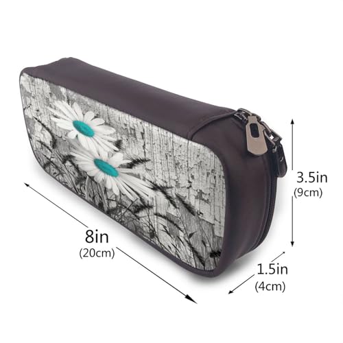 Federmäppchen aus Leder, großes Fassungsvermögen, Gänseblümchen-Druck, Doppelreißverschluss, Flip-Top-Stiftetui von POKIKKJH