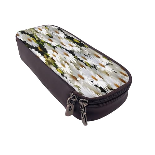 Federmäppchen aus Leder, großes Fassungsvermögen, Gänseblümchen-Druck, Doppelreißverschluss, Flip-Top-Stiftetui von POKIKKJH