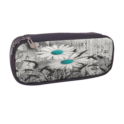 Federmäppchen aus Leder, großes Fassungsvermögen, Gänseblümchen-Druck, Doppelreißverschluss, Flip-Top-Stiftetui von POKIKKJH