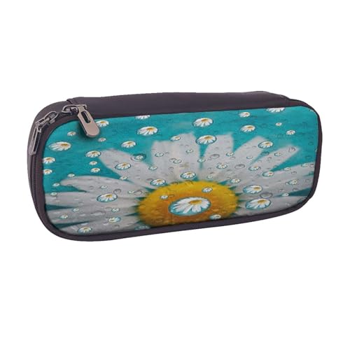 Federmäppchen aus Leder, großes Fassungsvermögen, Gänseblümchen-Druck, Doppelreißverschluss, Flip-Top-Stiftetui von POKIKKJH