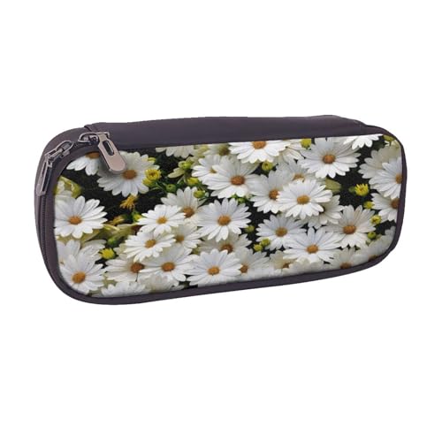 Federmäppchen aus Leder, großes Fassungsvermögen, Gänseblümchen-Druck, Doppelreißverschluss, Flip-Top-Stiftetui von POKIKKJH