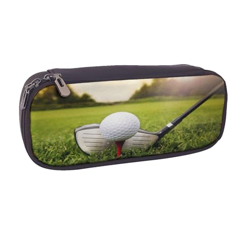 Federmäppchen aus Leder, großes Fassungsvermögen, Golfball-Druck, Doppelreißverschluss, Flip-Top-Stiftetui von POKIKKJH