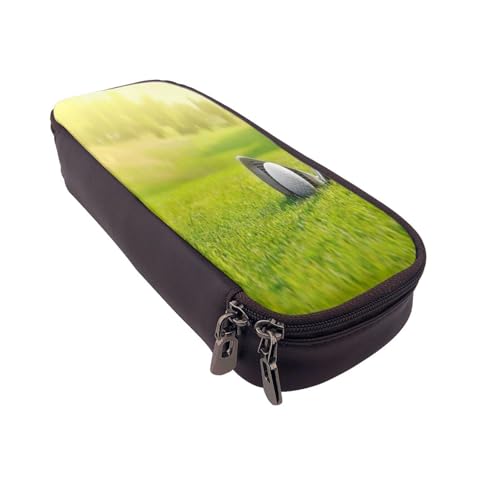 Federmäppchen aus Leder, großes Fassungsvermögen, Golfgras-Druck, Doppelreißverschluss, Flip-Top-Stiftetui von POKIKKJH