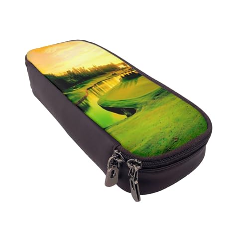 Federmäppchen aus Leder, großes Fassungsvermögen, Golfplatz-Druck, Doppelreißverschluss, Flip-Top-Stiftetui von POKIKKJH