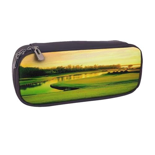 Federmäppchen aus Leder, großes Fassungsvermögen, Golfplatz-Druck, Doppelreißverschluss, Flip-Top-Stiftetui von POKIKKJH