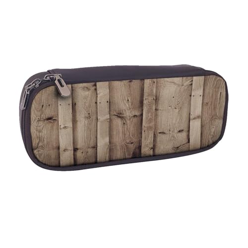 Federmäppchen aus Leder, großes Fassungsvermögen, Holzmaserung, Doppelreißverschluss, Flip-Top-Stiftetui von POKIKKJH