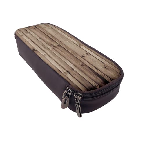 Federmäppchen aus Leder, großes Fassungsvermögen, Holzmaserung, Doppelreißverschluss, Flip-Top-Stiftetui von POKIKKJH