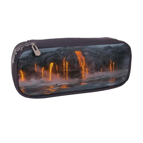Federmäppchen aus Leder, großes Fassungsvermögen, Kilauea-Vulkandruck, Doppelreißverschluss, Flip-Top-Stiftetui von POKIKKJH