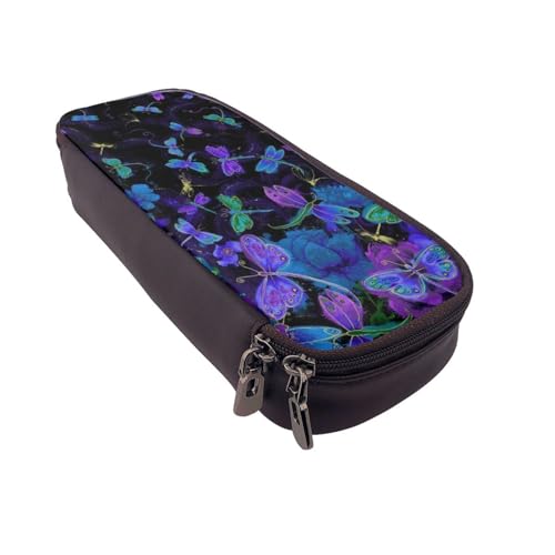 Federmäppchen aus Leder, großes Fassungsvermögen, Libellen-Druck, Doppelreißverschluss, Flip-Top-Stiftetui von POKIKKJH