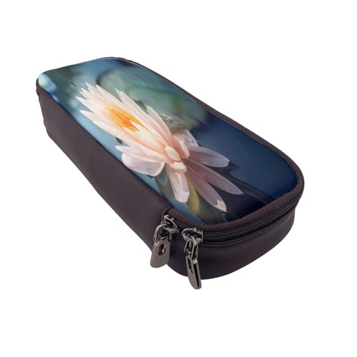Federmäppchen aus Leder, großes Fassungsvermögen, Lotusblumen-Druck, Doppelreißverschluss, Flip-Top-Stiftetui von POKIKKJH