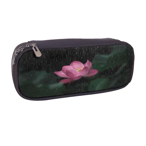 Federmäppchen aus Leder, großes Fassungsvermögen, Lotusblumen-Druck, Doppelreißverschluss, Flip-Top-Stiftetui von POKIKKJH