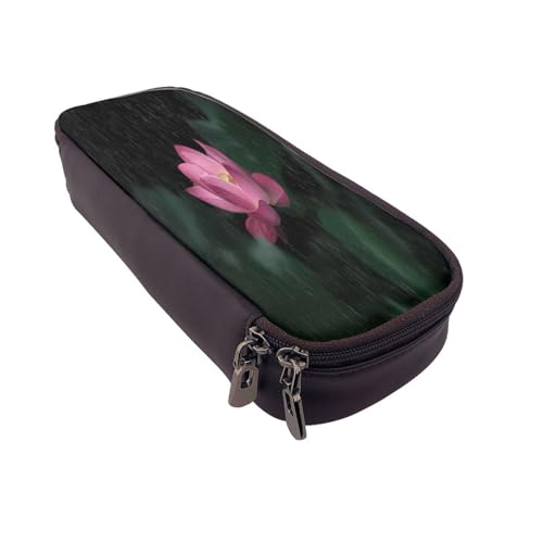 Federmäppchen aus Leder, großes Fassungsvermögen, Lotusblumen-Druck, Doppelreißverschluss, Flip-Top-Stiftetui von POKIKKJH