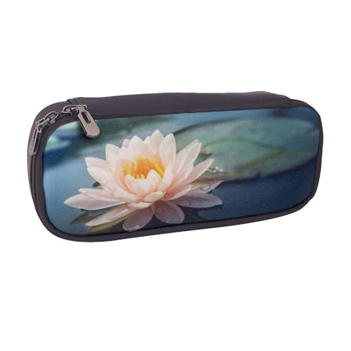 Federmäppchen aus Leder, großes Fassungsvermögen, Lotusblumen-Druck, Doppelreißverschluss, Flip-Top-Stiftetui von POKIKKJH