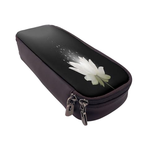 Federmäppchen aus Leder, großes Fassungsvermögen, Lotusblumen-Druck, Doppelreißverschluss, Flip-Top-Stiftetui von POKIKKJH