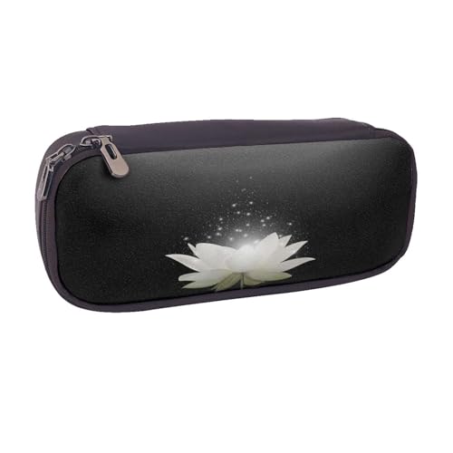 Federmäppchen aus Leder, großes Fassungsvermögen, Lotusblumen-Druck, Doppelreißverschluss, Flip-Top-Stiftetui von POKIKKJH