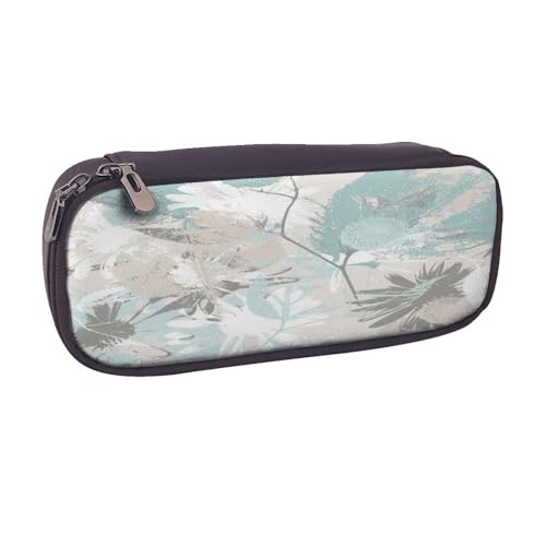 Federmäppchen aus Leder, großes Fassungsvermögen, Minzgrau, Blätter, Doppelreißverschluss, Flip-Top-Stiftetui von POKIKKJH