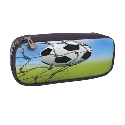 Federmäppchen aus Leder, großes Fassungsvermögen, Motiv: Fußballnetzwerk, Doppelreißverschluss, Flip-Top-Stiftetui von POKIKKJH