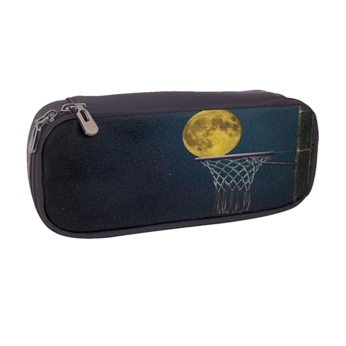 Federmäppchen aus Leder, großes Fassungsvermögen, Motiv: Mond und Basketball, Doppelreißverschluss, Klappetui von POKIKKJH