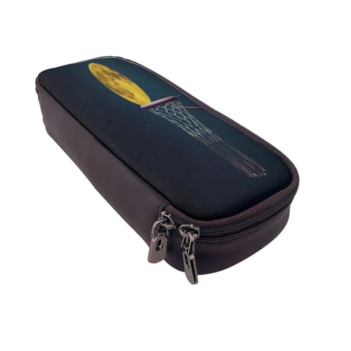 Federmäppchen aus Leder, großes Fassungsvermögen, Motiv: Mond und Basketball, Doppelreißverschluss, Klappetui von POKIKKJH