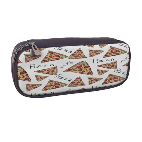 Federmäppchen aus Leder, großes Fassungsvermögen, Pizza-Muster, Doppelreißverschluss, Flip-Top-Stiftetui von POKIKKJH