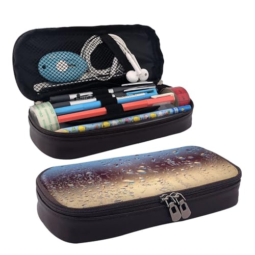 Federmäppchen aus Leder, großes Fassungsvermögen, Regentropfen auf Glasdruck, Doppelreißverschluss, Flip-Top-Stiftetui von POKIKKJH