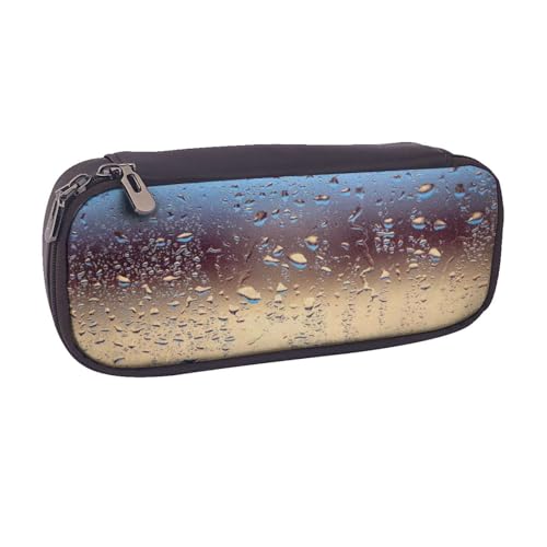 Federmäppchen aus Leder, großes Fassungsvermögen, Regentropfen auf Glasdruck, Doppelreißverschluss, Flip-Top-Stiftetui von POKIKKJH