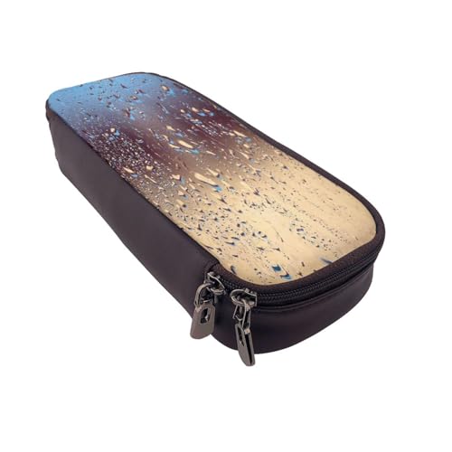 Federmäppchen aus Leder, großes Fassungsvermögen, Regentropfen auf Glasdruck, Doppelreißverschluss, Flip-Top-Stiftetui von POKIKKJH