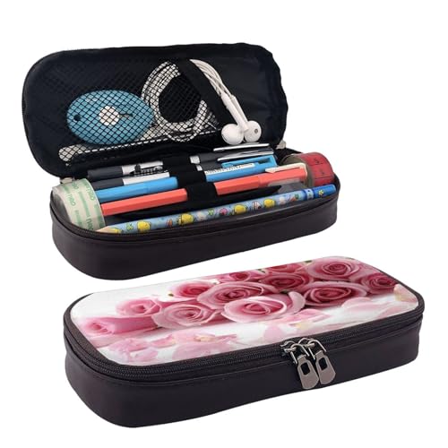 Federmäppchen aus Leder, großes Fassungsvermögen, Rosen-Druck, Doppelreißverschluss, Flip-Top-Stiftetui von POKIKKJH