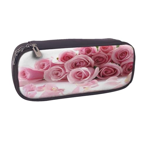 Federmäppchen aus Leder, großes Fassungsvermögen, Rosen-Druck, Doppelreißverschluss, Flip-Top-Stiftetui von POKIKKJH