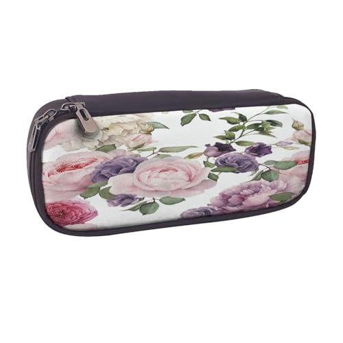 Federmäppchen aus Leder, großes Fassungsvermögen, Rosen-Druck, Doppelreißverschluss, Flip-Top-Stiftetui von POKIKKJH