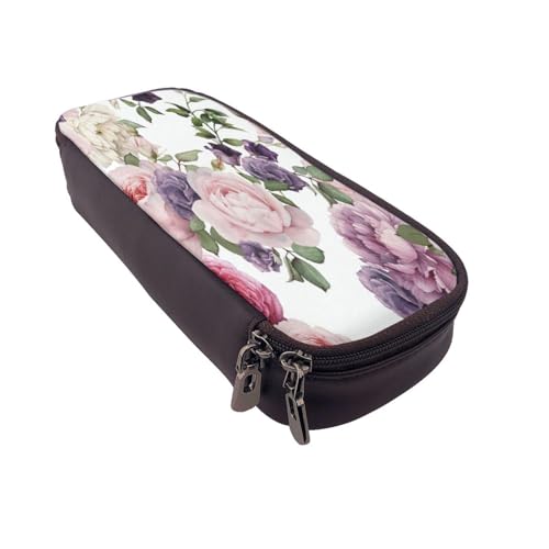 Federmäppchen aus Leder, großes Fassungsvermögen, Rosen-Druck, Doppelreißverschluss, Flip-Top-Stiftetui von POKIKKJH