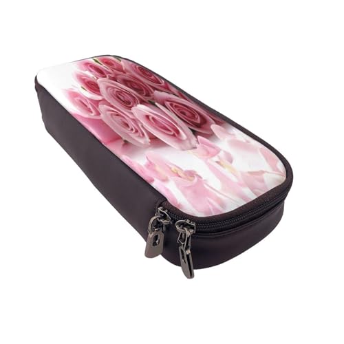 Federmäppchen aus Leder, großes Fassungsvermögen, Rosen-Druck, Doppelreißverschluss, Flip-Top-Stiftetui von POKIKKJH