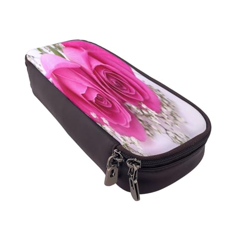 Federmäppchen aus Leder, großes Fassungsvermögen, Rosen-Druck, Doppelreißverschluss, Flip-Top-Stiftetui von POKIKKJH