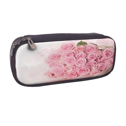Federmäppchen aus Leder, großes Fassungsvermögen, Rosen-Druck, Doppelreißverschluss, Flip-Top-Stiftetui von POKIKKJH