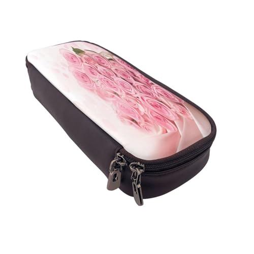 Federmäppchen aus Leder, großes Fassungsvermögen, Rosen-Druck, Doppelreißverschluss, Flip-Top-Stiftetui von POKIKKJH