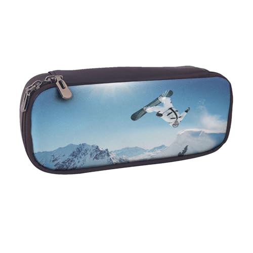 Federmäppchen aus Leder, großes Fassungsvermögen, Snowboard-Druck, Doppelreißverschluss, Flip-Top-Stiftetui von POKIKKJH