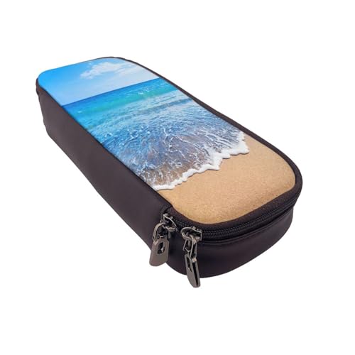 Federmäppchen aus Leder, großes Fassungsvermögen, Strand- und Meerdruck, Doppelreißverschluss, Flip-Top-Stiftetui von POKIKKJH