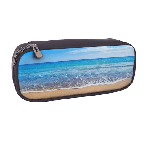 Federmäppchen aus Leder, großes Fassungsvermögen, Strand- und Meerdruck, Doppelreißverschluss, Flip-Top-Stiftetui von POKIKKJH