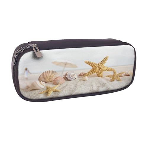 Federmäppchen aus Leder, großes Fassungsvermögen, Strandmotiv, Doppelreißverschluss, Flip-Top-Stiftetui von POKIKKJH