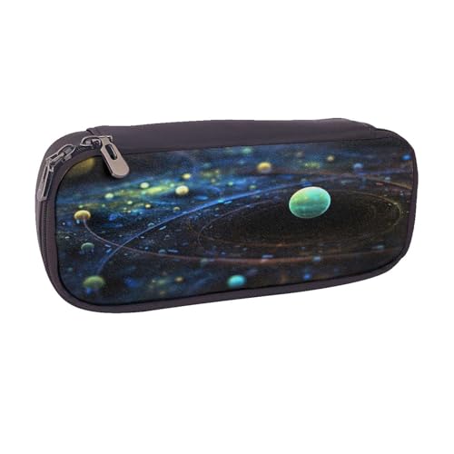 Federmäppchen aus Leder, großes Fassungsvermögen, Weltraumplaneten, Doppelreißverschluss, Flip-Top-Stiftetui von POKIKKJH