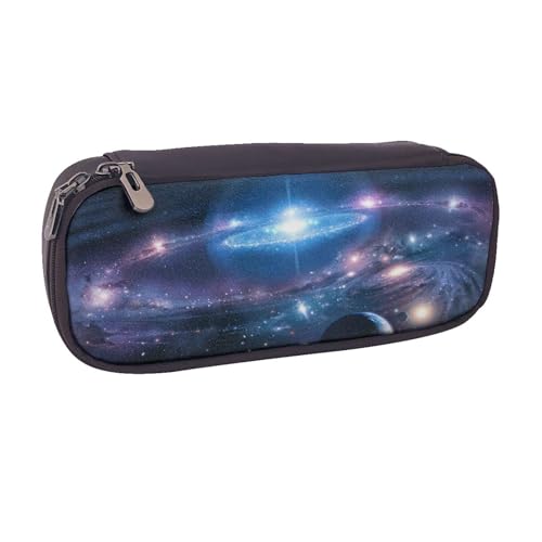 Federmäppchen aus Leder, großes Fassungsvermögen, Weltraumplaneten, Doppelreißverschluss, Flip-Top-Stiftetui von POKIKKJH