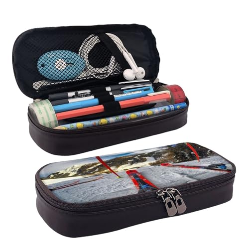 Federmäppchen aus Leder, großes Fassungsvermögen, Winter-Skifahren, Doppelreißverschluss, Flip-Top-Stiftetui von POKIKKJH