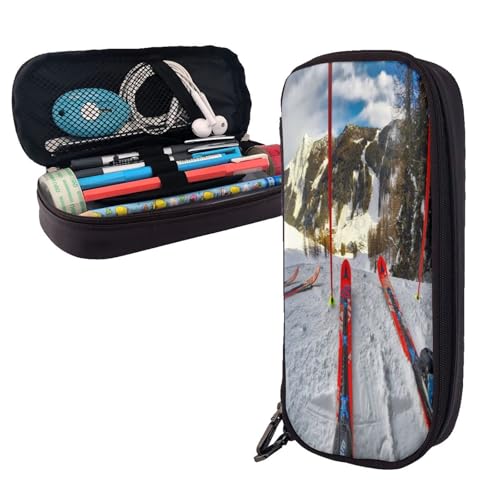 Federmäppchen aus Leder, großes Fassungsvermögen, Winter-Skifahren, Doppelreißverschluss, Flip-Top-Stiftetui von POKIKKJH