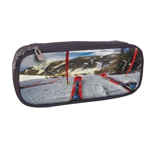 Federmäppchen aus Leder, großes Fassungsvermögen, Winter-Skifahren, Doppelreißverschluss, Flip-Top-Stiftetui von POKIKKJH