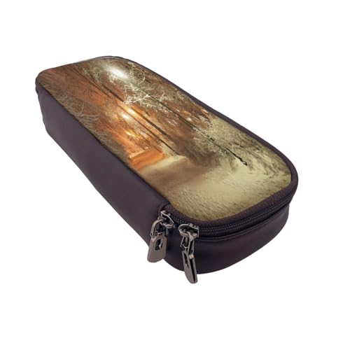 Federmäppchen aus Leder, großes Fassungsvermögen, Winterpark-Druck, Doppelreißverschluss, Flip-Top-Stiftetui von POKIKKJH